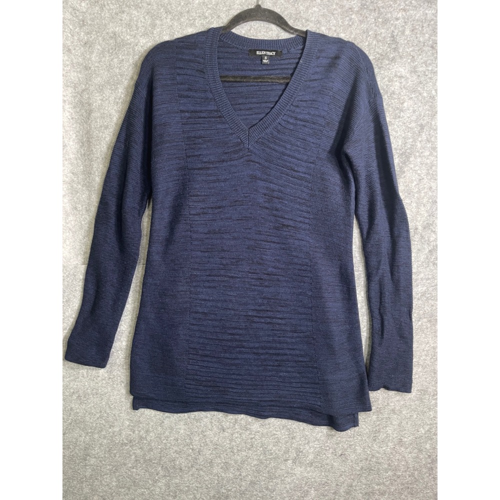 Ellen Tracy Navy‎ Blue Marled V-Neck Knit Tunic Sweater Womens Small Long Sleeve